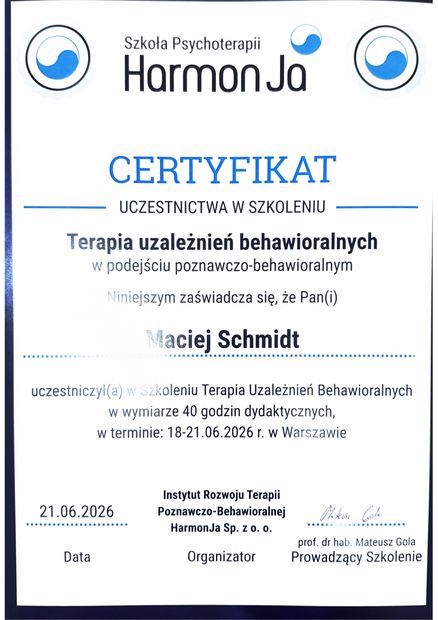 Certyfikat: Terapia uzależnień behawioralnych, prof. Mateusz Gola, HarmonJa, 2026
