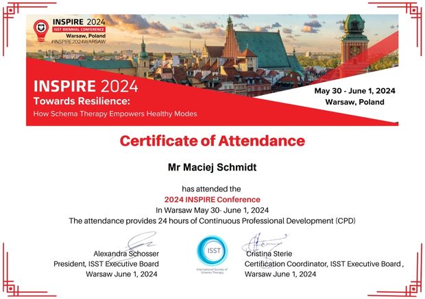 Certyfikat: ISST Inspire 2024, International Society of Schema Therapy, Warszawa