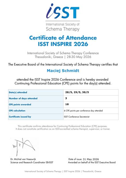 Certyfikat: ISST Inspire 2026, International Society of Schema Therapy, Saloniki