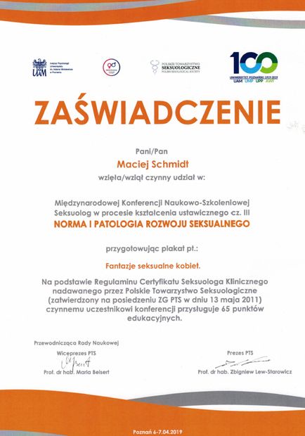 Certyfikat: Norma i patologia rozwoju seksualnego, PTS, czynny udział z wystąpieniem, 2019