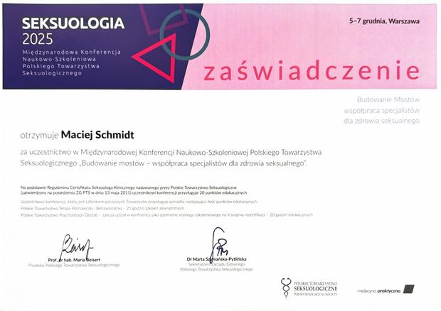 Certyfikat: Seksuologia 2025, Polskie Towarzystwo Seksuologiczne, Warszawa