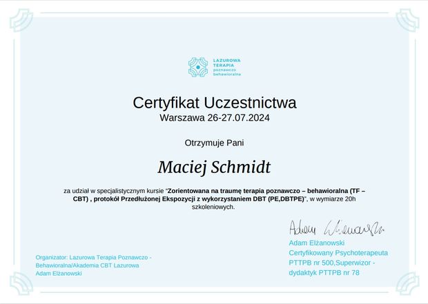 Certyfikat: TF-CBT i Przedłużona Ekspozycja, protokół PE z wykorzystaniem DBT, 2024